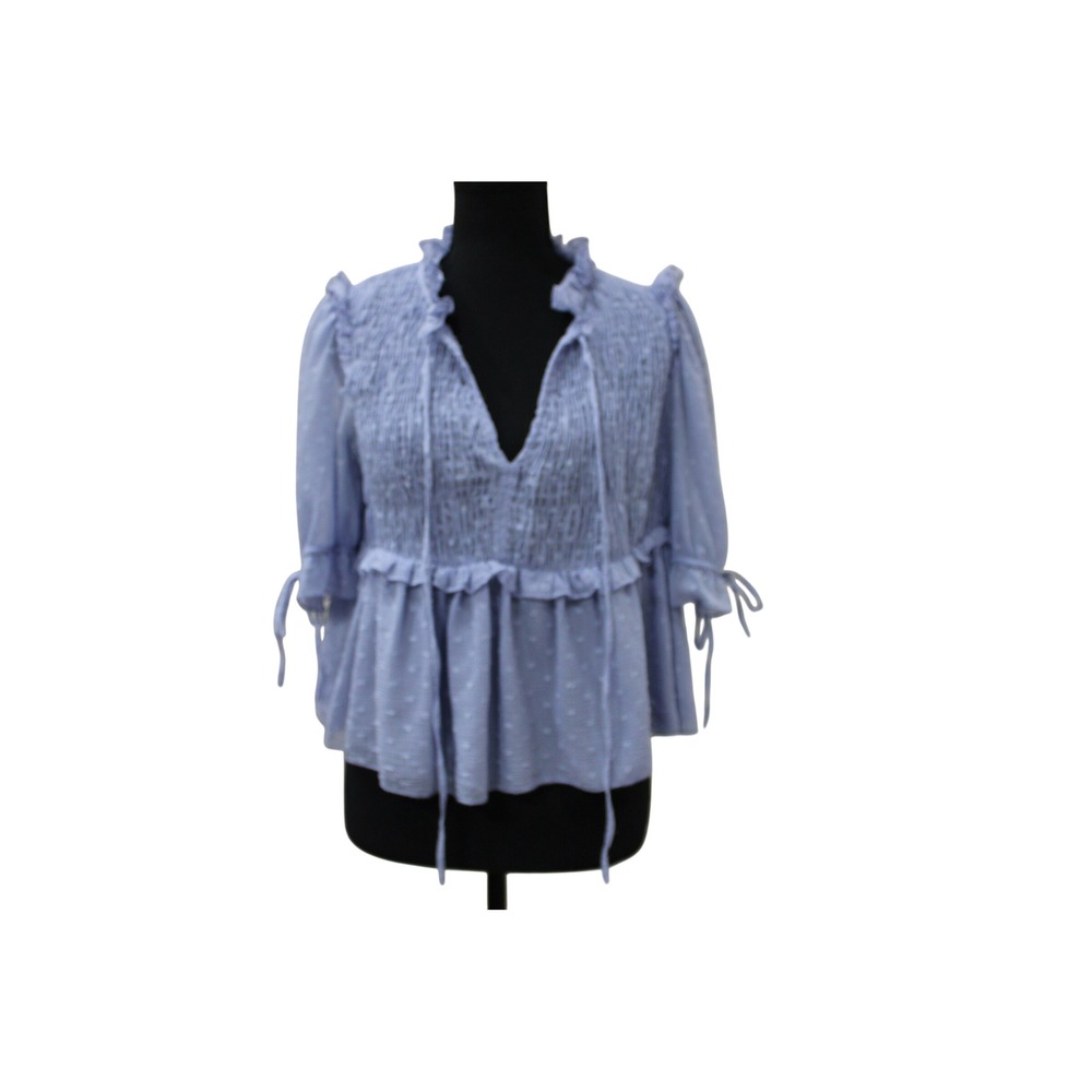Zara Smocked Swiss Dot Blouse Women XS Blue Excellent Peplum V-Neck Tie Sleeve